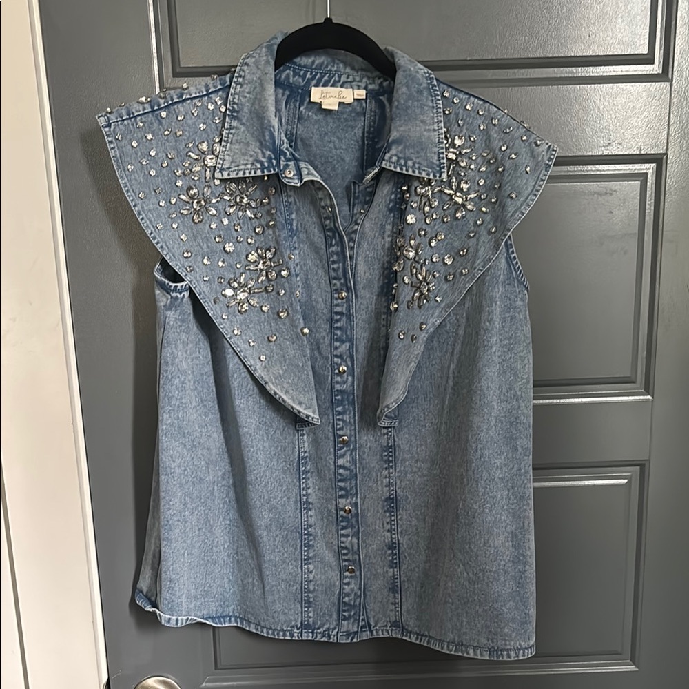 Embellished Denim Sleeveless Shirt